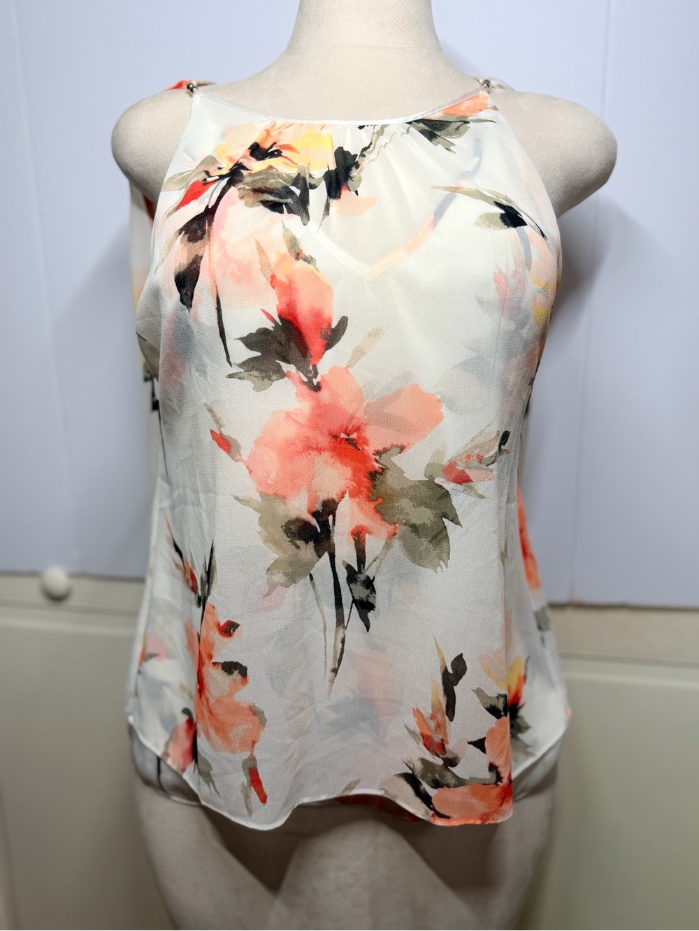 White House Black Market M Floral Chiffon Cold Shoulder Tie Back Blouse Romantic